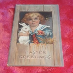 Antique Easter Postcard Of Child Holding Bunny,eggs,& "Easter Greetings"